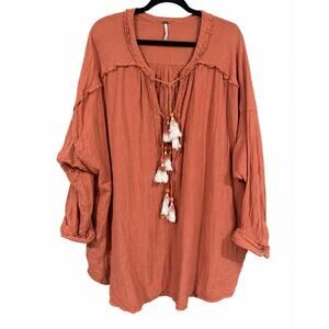 Free People Medium Rust Cotton Gauze Tassel Boho Tunic Coastal Cottagecore FP